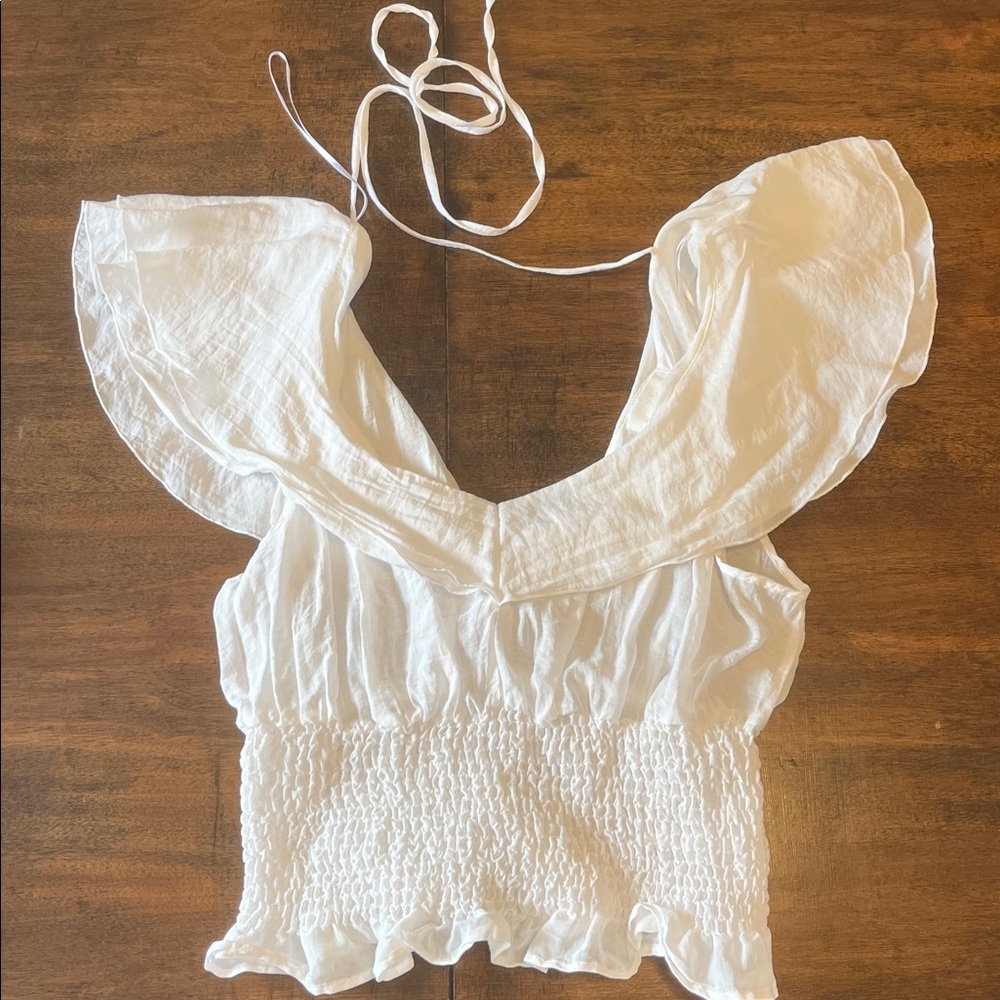 H&M Elegant Semi-sheer Cap Sleeve White Blouse Smocked Waist